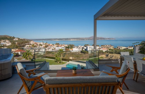 Kalyves Apartment | Rhadamanthus, AmphiMatrion Luxe Seaview Apt with private hot tub and shared pool