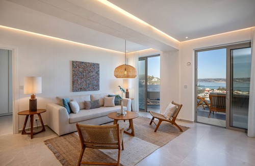 Kalyves Apartment | Rhadamanthus, AmphiMatrion Luxe Seaview Apt with private hot tub and shared pool