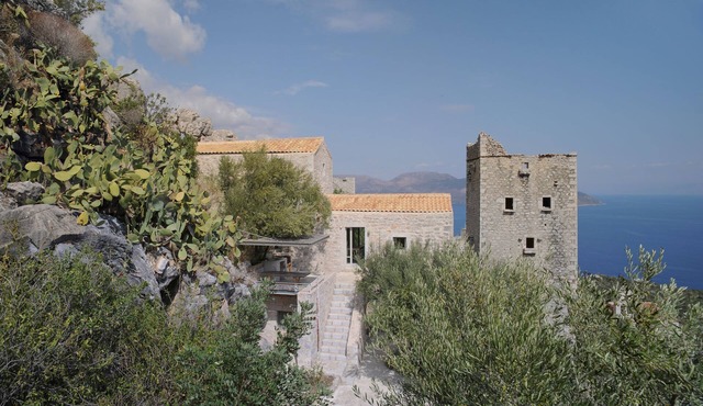 Maina, a traditional hillside house with full sea view in Mani, Peloponnese.
