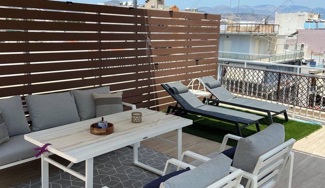 Two-bedrooms luxury penthouse. Includes sunny terrace with dining area, sunbeds.
