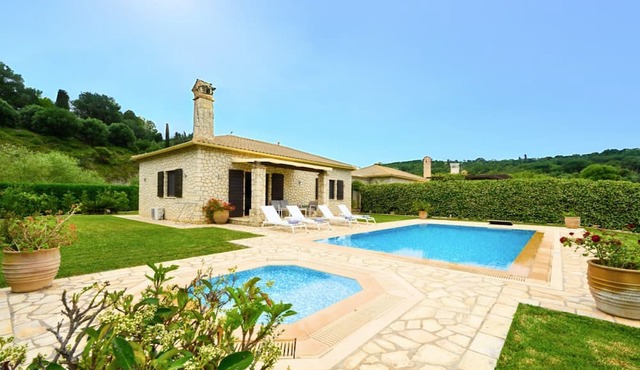 Dazzling Corfu Villa | Villa Emerald Horizon | 2 Bedrooms | Spacious Furnished Terrace with Shaded Outdoor Dining Area | Private Garden, Pool and Hot Tub | Prime Location | Arillas, Mega Lithari in Corfu